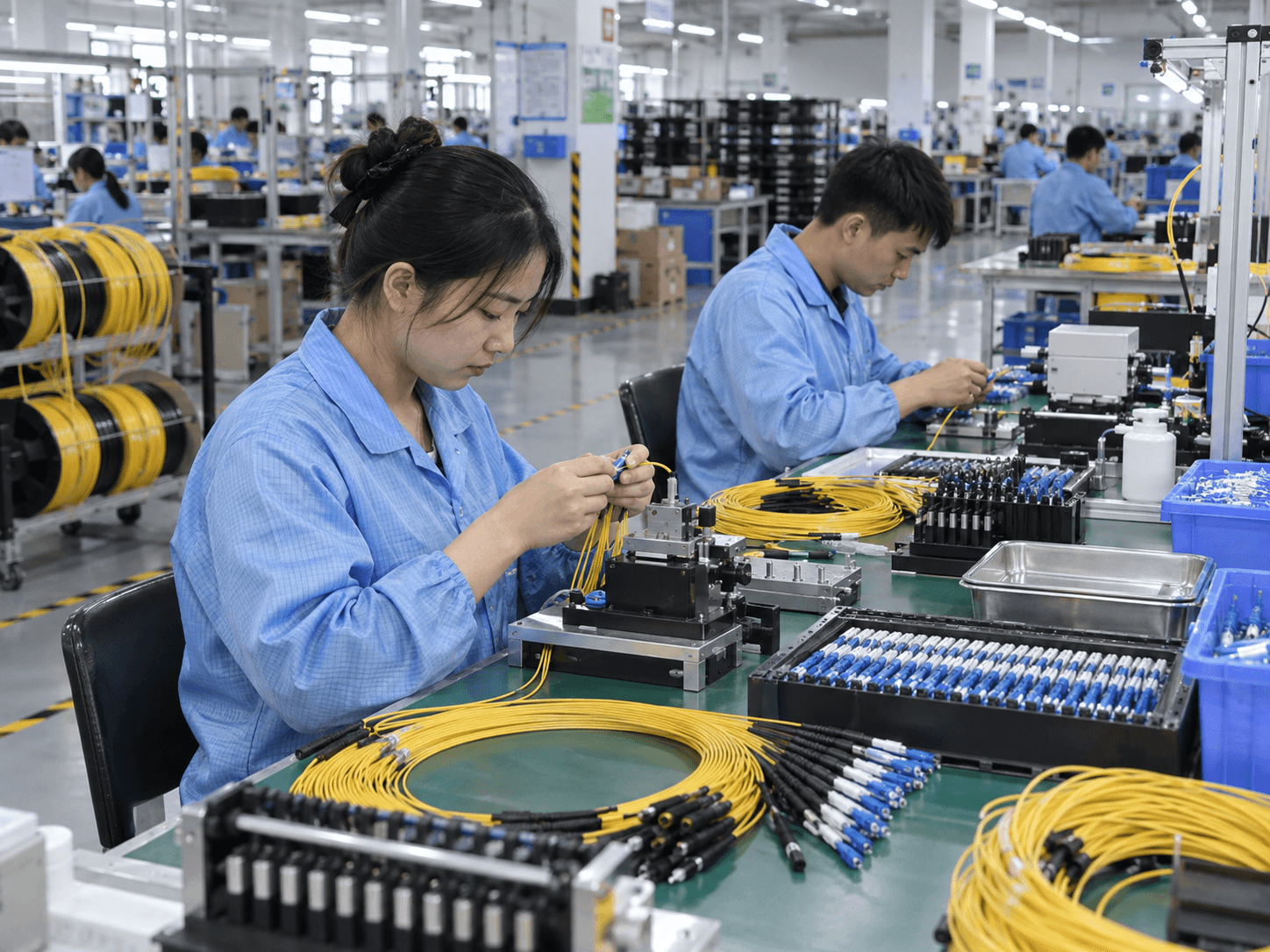 Asian technicians assembling fiber optic cable products in a Shenzhen factory