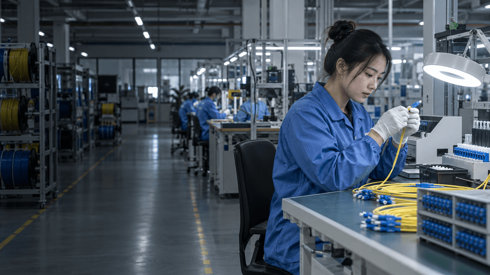 Technician assembling fiber optic patch cords in a Shenzhen production facility
