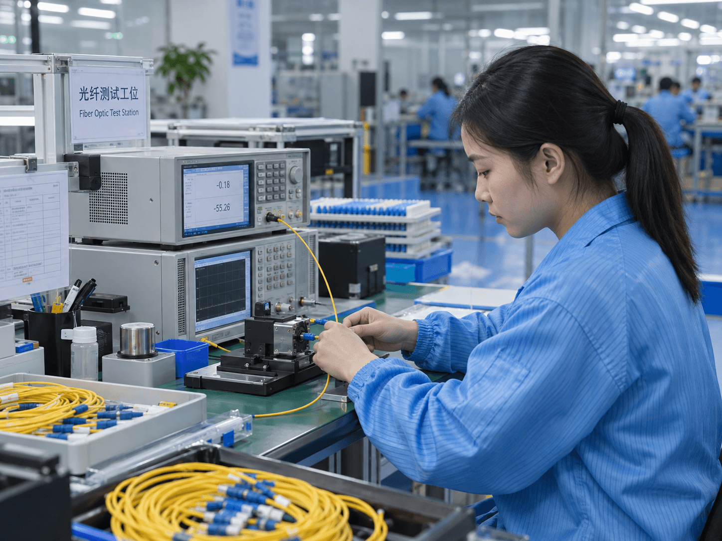 Quality engineer testing fiber optic patch cords