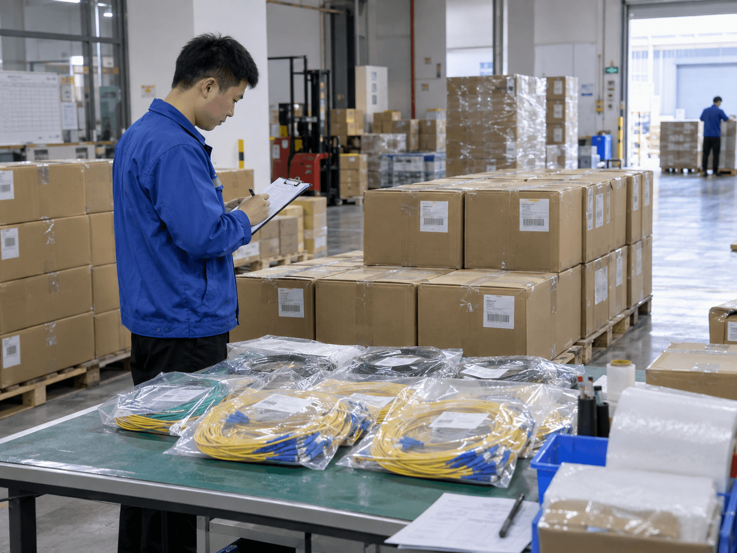 Shipping inspection and carton preparation in a fiber optic factory